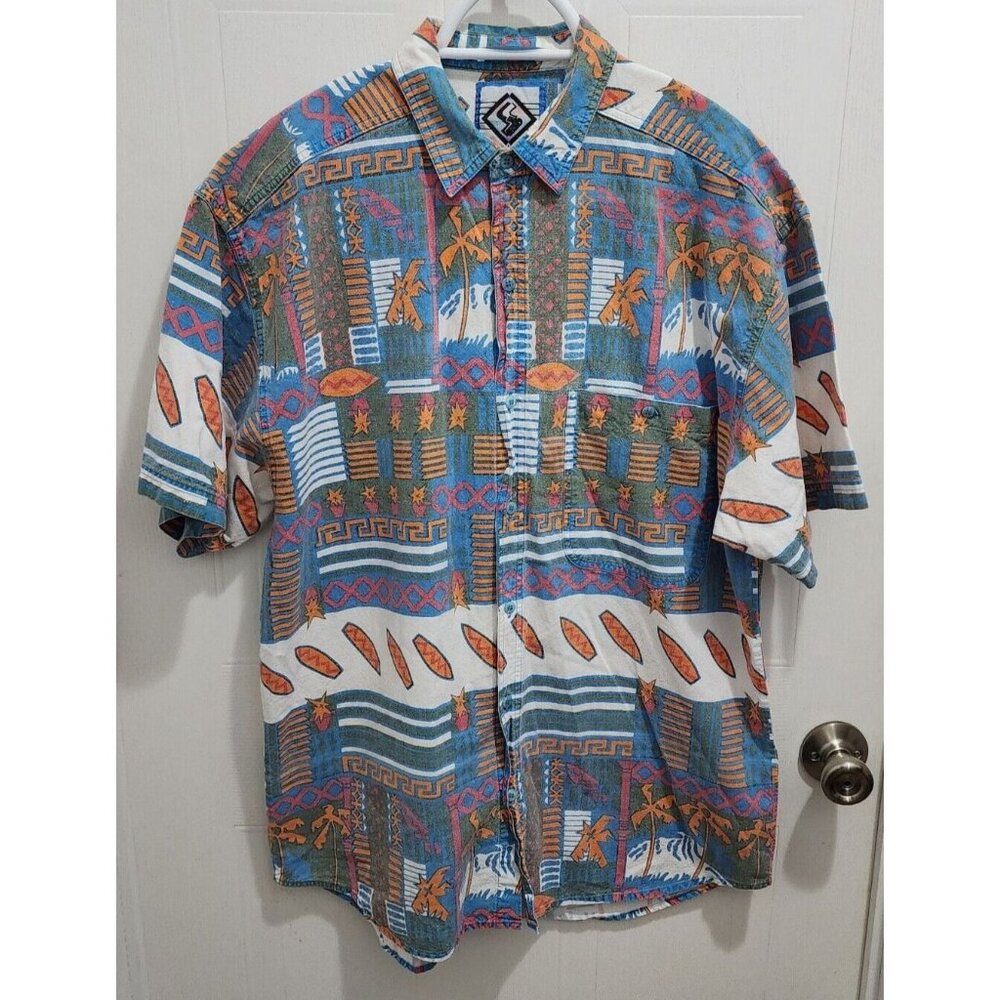 VTG Santana Hawaiian Aloha Camp Button Up Short Sleeve Shirt Geometric Size L